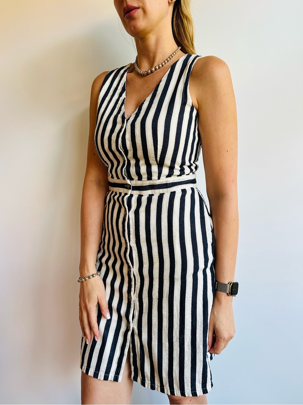 J.Crew Linen Blend Striped Button Front Sleeveless Mini Dress Nautical Coastal